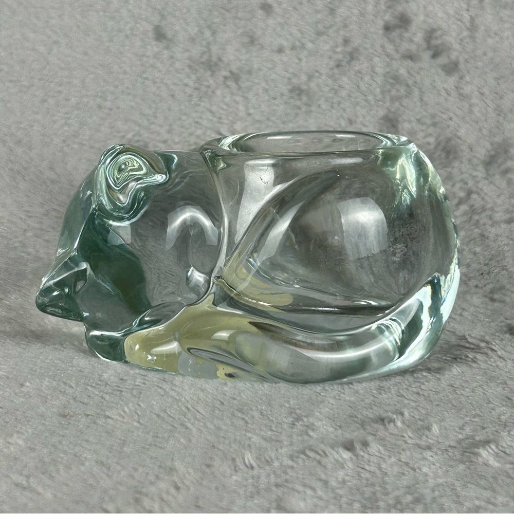 Indiana Glass SLEEPING CAT Candle‎ Holder Votive Tea Light Mint Kitten Clear
